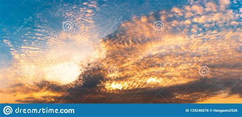 Panorama Golden Hour Sky And Clouds Background Stock Photo Image Of