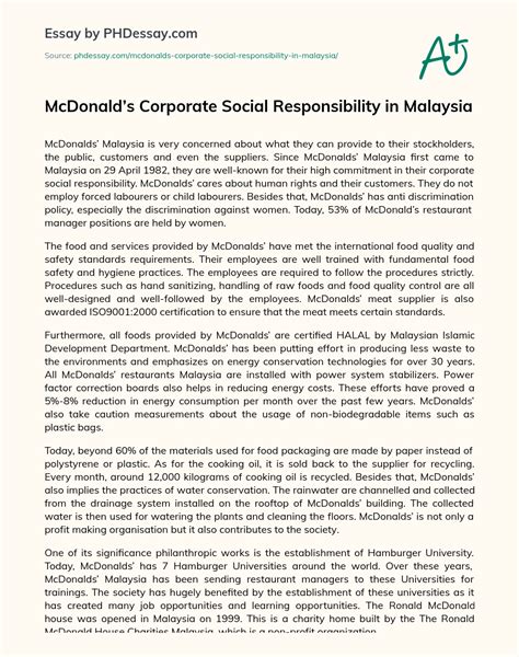 Mcdonald’S Corporate Social Responsibility In Malaysia Report And ...