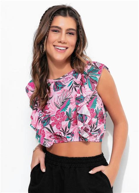 Cropped Floral Rosa Babados e Elástico Moda Pop