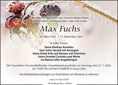 Traueranzeigen Von Max Fuchs Trauer Anzeigen De