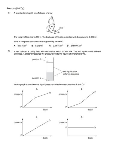 Pressuremcqs 0625 Igcse Classified Worksheet With Answers Teaching