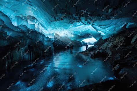 Premium Ai Image Frozen Cavern With Eerie Blue Glow Produced By