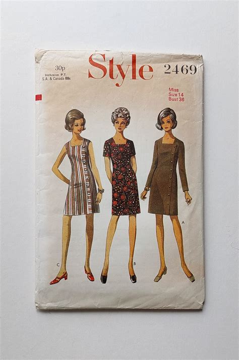 1960s Vintage Mod Dress Sewing Pattern 60s Asymmetrical Button Up Mini Dress Square Neckline