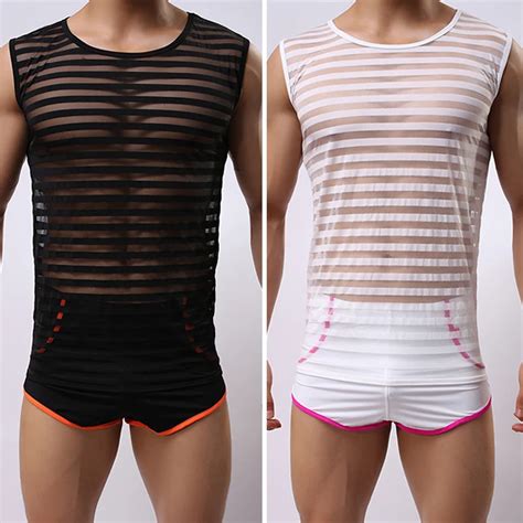 Tank Tops Men Sexy Male Sex Gay Clothing Gauze Shirts Black White Man