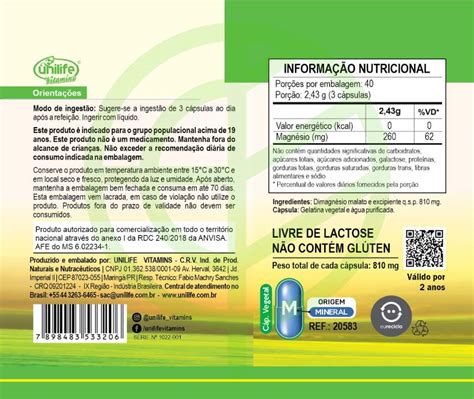 Magnésio Dimalato 800Mg Unilife 60 Cápsulas Empório Cia Empório