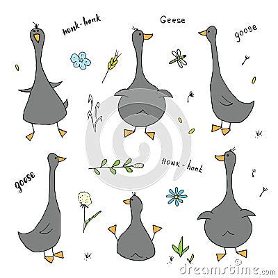 Goose Doodles Set Cute Geese Sketch Hand Drawn Cartoon Vector