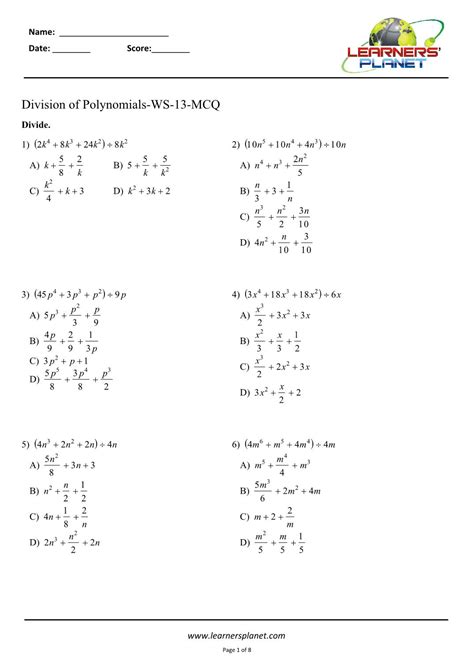 Division Of Polynomials Worksheet