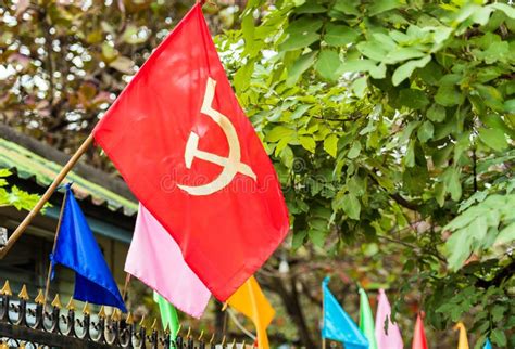 Communist Flag on the Facade of a Building in Luang Prabang, Laos. Close-up. Stock Image - Image ...