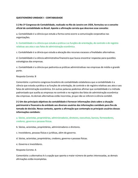 Contabilidade Unidade I Questionrio Unidade I Contabilidade No