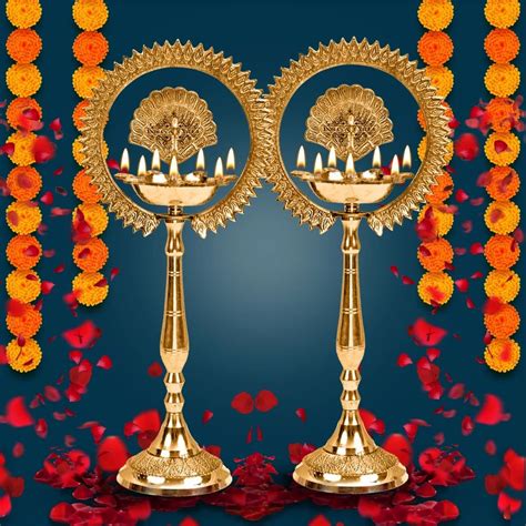 Indian Art Villa Brass Stand Pillar Diya With Kerala Mor Kiran Deepak