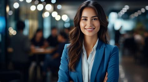 Premium AI Image A Woman In A Blue Suit Smiles In Front Of A City