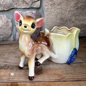 Vintage Porcelain Deer Pulling Wagon Planter Fawn Kitsch Mid Century