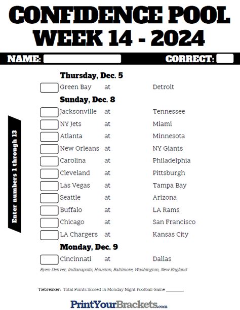 Week 14 Nfl Pick Em Sheet Printable