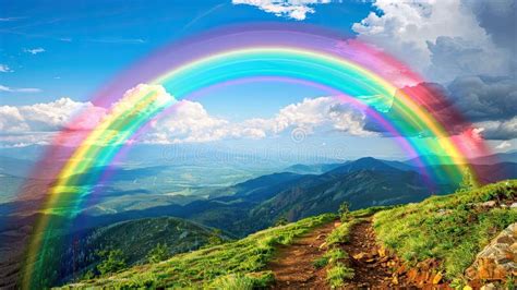 A Rainbow Arching Over A Mountain Landscape Adorned With Lush Green