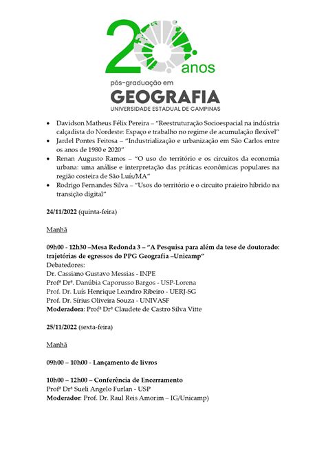 Comemoração dos 20 anos do Programa de Pós Graduação em Geografia