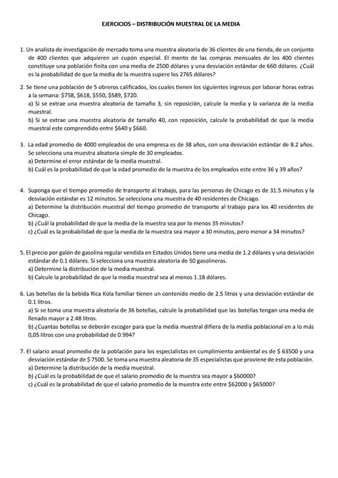 Práctica Distribucion Muestral De La Media Ejercicios DistribuciÓn Muestral De La Media Un