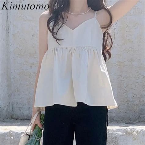 Kimutomo Gentle Loose Solid Folds Design Spaghetti Shirt Woman Elegant