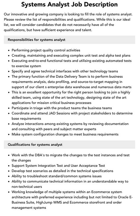 Systems Analyst Job Description Velvet Jobs