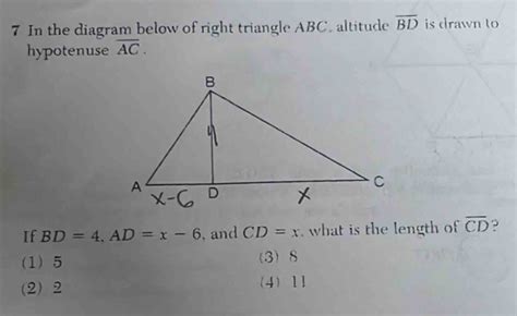 Solved In The Diagram Below Of Right Triangle Abc Altitude Overline