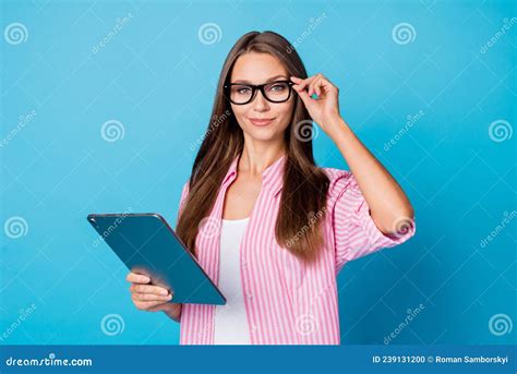 Portrait Of Optimistic Brunette Lady Hold Tablet Wear Spectacles Pink