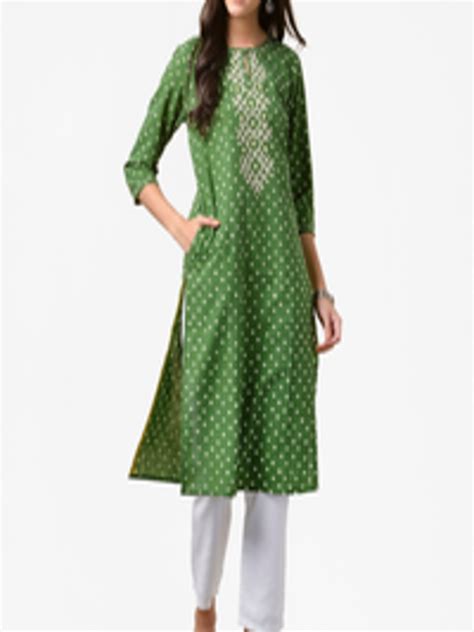 Buy Fabindia Women Green And Off White Cotton Hand Embroidery Bandhani