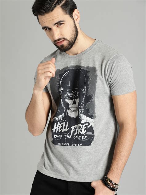 Buy Roadster Men Grey Melange Printed Round Neck Pure Cotton T Shirt