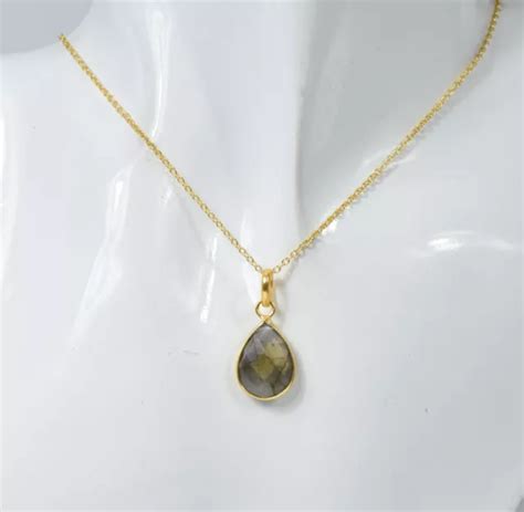 925 SOLID STERLING Silver 24CT Gold Overlay Cut Labradorite Chain