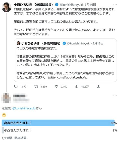 小西ひろゆき議員のtwitterリプ欄で有志が「高市さんがんばれ！」「小西さんがんばれ！」の2択アンケート 驚きの投票結果が