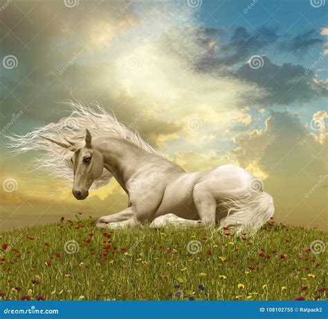 Enchanting White Unicorn Resting During A Sunset Stock Illustration