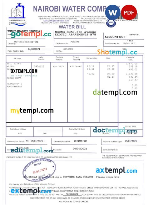 Kenya Nairobi Water Utility Bill Word And Pdf Template