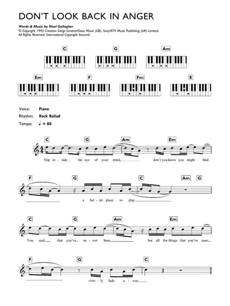 Don T Look Back In Anger Sheet Music By Oasis Keyboard 47515