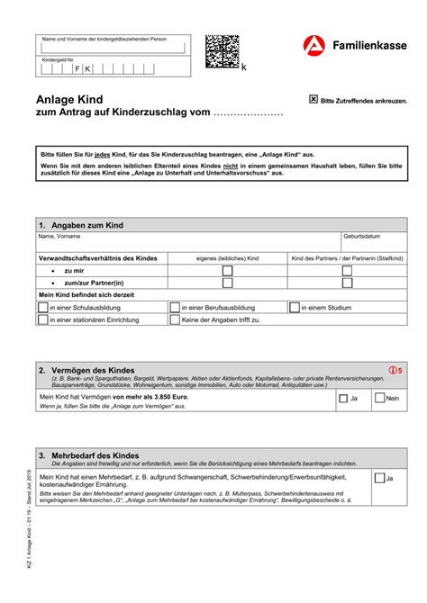 Pdf Anlage Kind Zum Antrag Auf Kinderzuschlag Vom Rahmen Der