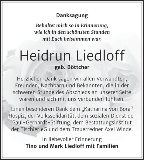 Traueranzeigen Von Heidrun Liedloff Abschied Nehmen De