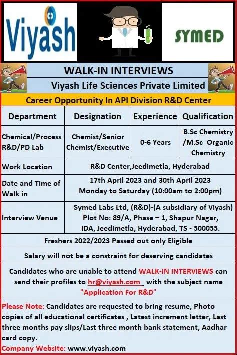 Symed Labs Limited A Viyash Group Walk Ins For Freshers