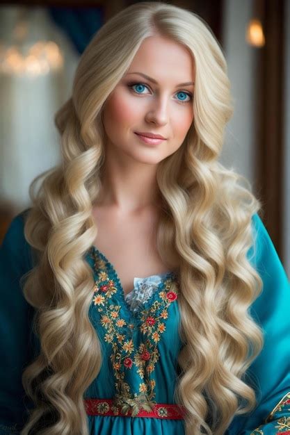 Premium Photo A Blonde Woman With Long Blonde Hair Wearing A Blue