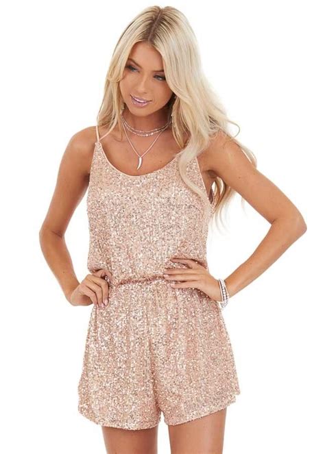 Rose Gold Sequin Sleeveless Romper With Back Keyhole Closure Front Close Up Gold Romper Outfit