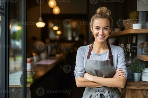 Portrait of young woman entrepreneurs in a coffee shop. Happy waitress