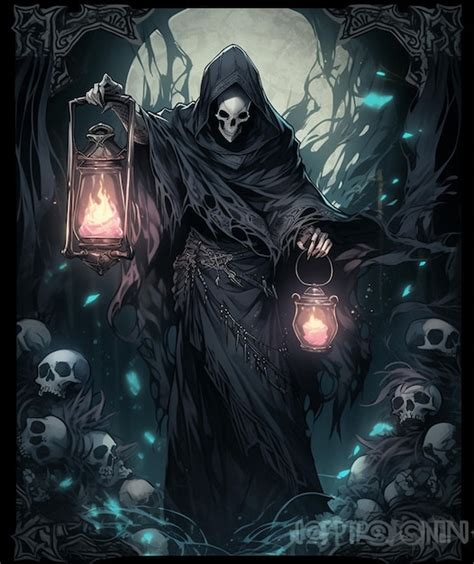 Premium Photo A Dark Fantasy Card With A Skeleton Holding A Lantern