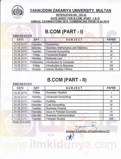 Bahauddin Zakariya University Bzu Multan B Date Sheet