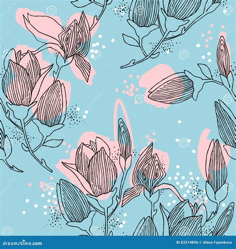 Magnolia Blossom Seamless Pattern With Spring Flower Stock