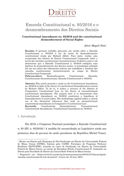 PDF Emenda Constitucional N 95 2016 E O Desmembramento Dos Direitos