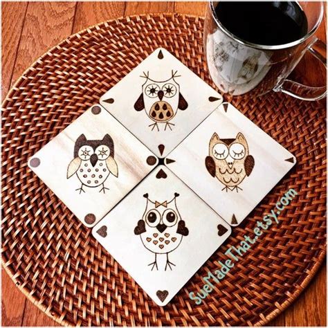 Custom Owl Coasters Woodburned Coaster Set Owls Wood Coasters Bar