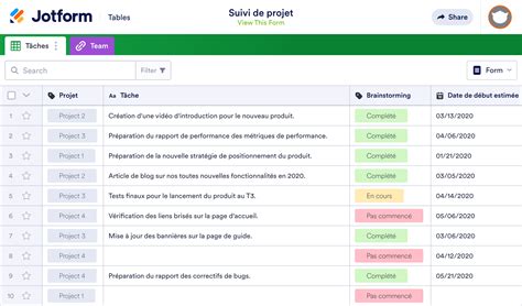 Suivi de projet Modèle Jotform Tables