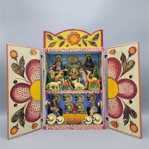 Hand Painted Carved Wood Folk Art Retablo from Peruvian Andes, $175