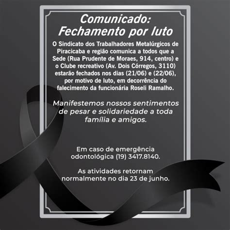 Comunicado Fechamento Por Luto Sindicato Dos Metalúrgicos De