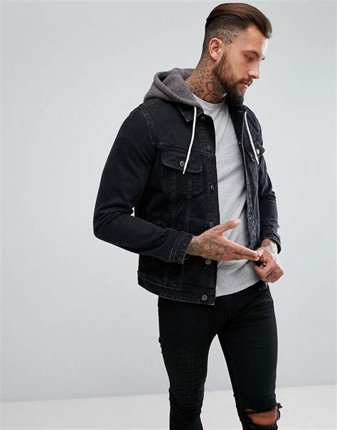 Asos Denim Jacket With Jersey Hood In Black For Men Lyst