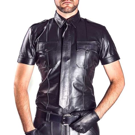 Mister B High Quality Leather Police Shirt With Button Collar