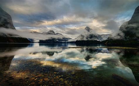 Nature Landscape Mist Lake Mountain Sunset Trees Water Calm Reflection