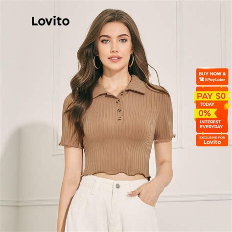 Lovito Women Casual Plain Polo Neck Lettuce Trim Rib Knit Button Front