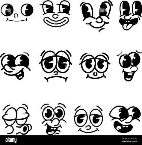 Set Of Cartoon Faces Funny Characters Old Style Animation Eyes Mouth